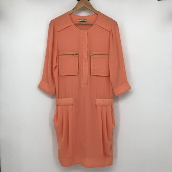 By Malene Birger Peach Crepe Maryam Dress gold zipper pockets elastic waistband - Picture 3 of 7